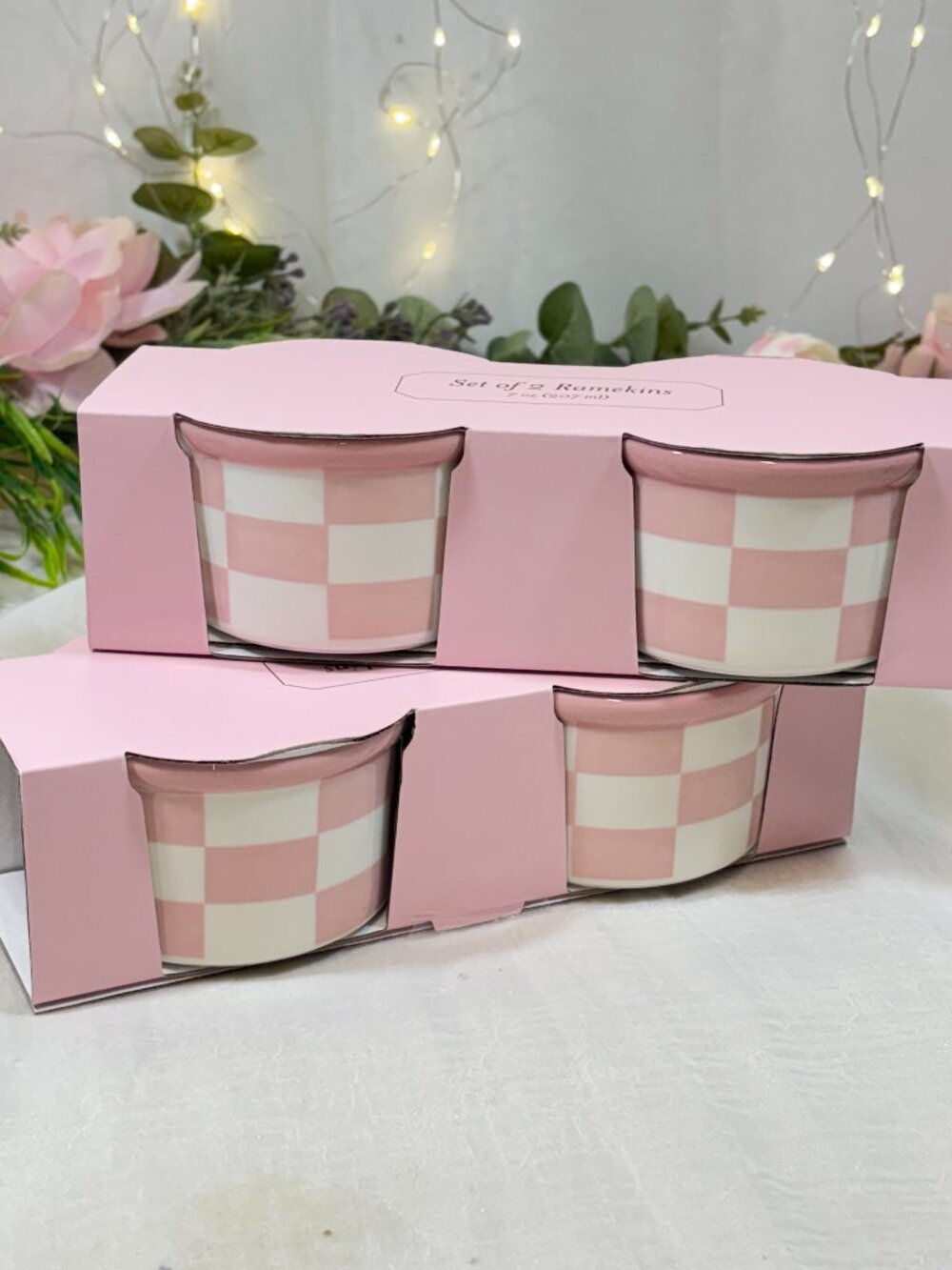 Pink and White Checkered Ceramic Ramekins 7 oz Checkerboard Bowls Set of 4 New